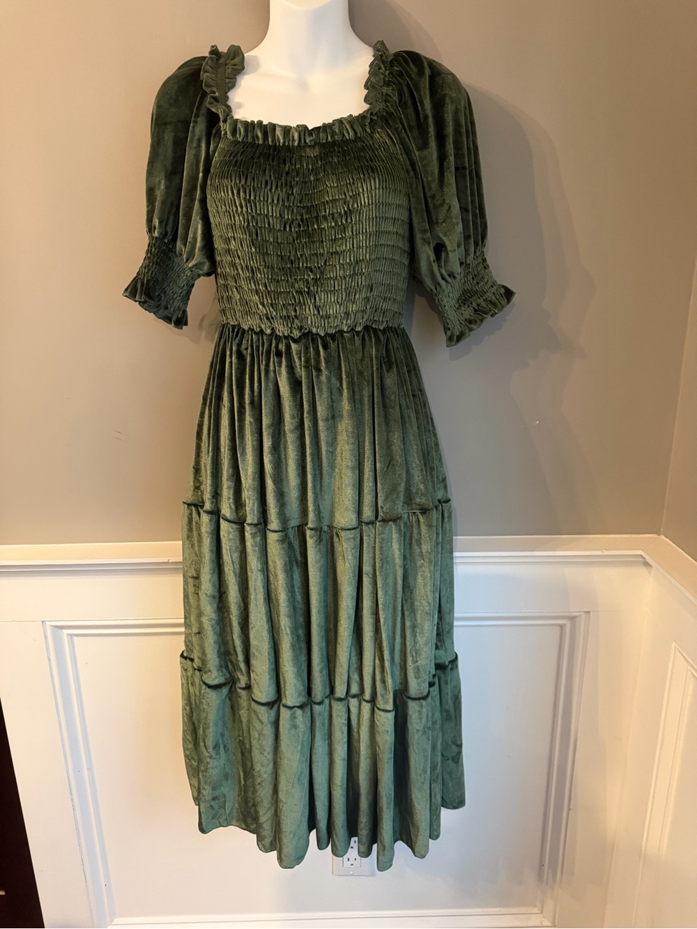 Smocked Olive Green Midi Dress with Puff Sleeves